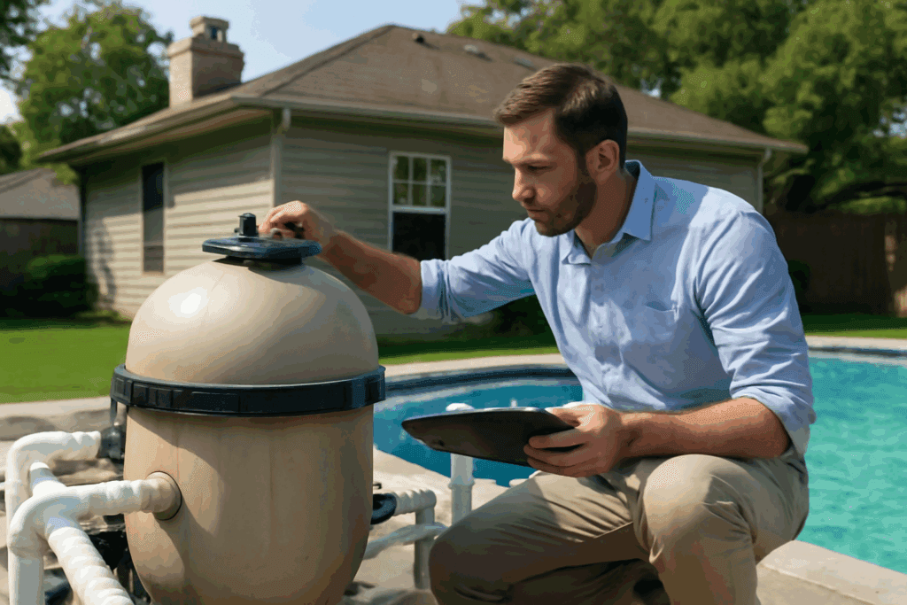 Home inspector evaluating pool filter system during a pool inspection in Bedford, TX.