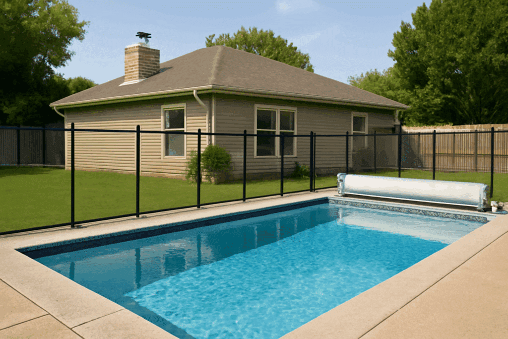 Well-maintained residential pool with clear water and safety features in Bedford, TX.