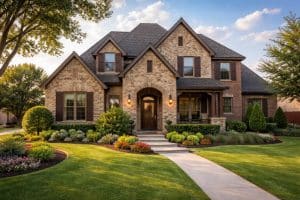 Beautiful stone house with a well-manicured lawn, colorful flowers, and a path leading to the front door.