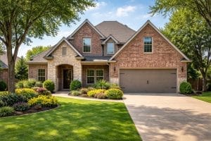 Beautiful brick home with a stone accent, well-maintained lawn, and colorful flower beds in front of a two-car garage.
