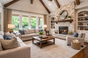 Cozy living room with vaulted ceilings, a stone fireplace, wooden beams, and large windows overlooking greenery, featuring a comfortable beige sofa and modern decor.