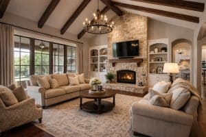 Cozy living room with vaulted ceilings, stone fireplace, beige furniture, and large windows showcasing the outdoors.