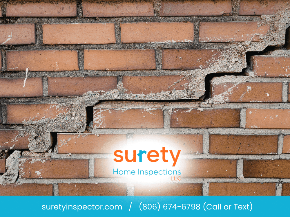 Cracked brick wall in Arlington, TX showing visible damage requiring home inspection