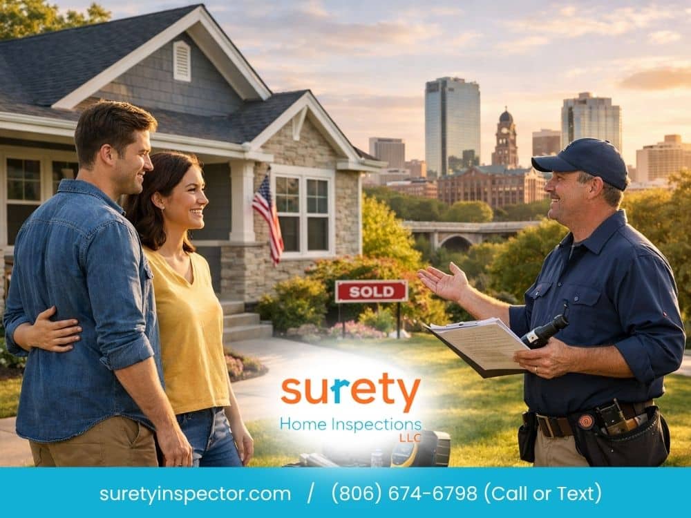 Home inspector explaining the inspection report to first-time homebuyers in Fort Worth, TX.