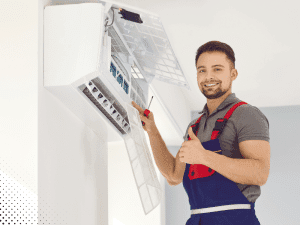 Technician inspecting HVAC unit and filter in Arlington, TX during a home inspection.