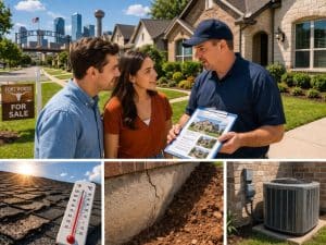 ome inspector discussing the home inspection report with first-time homebuyers in Fort Worth, TX, highlighting roof, foundation, and HVAC system inspections.