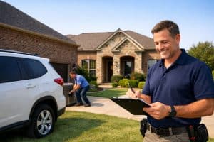 Home inspector documenting inspection findings outside a residential home in Euless TX