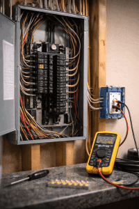  A close-up of an open electrical panel in North Richland Hills, TX, displaying neatly organized circuit breakers and wiring.