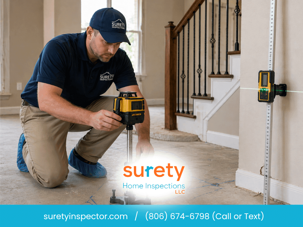 Home inspector using laser level to check foundation and floor leveling in Tarrant County, TX.