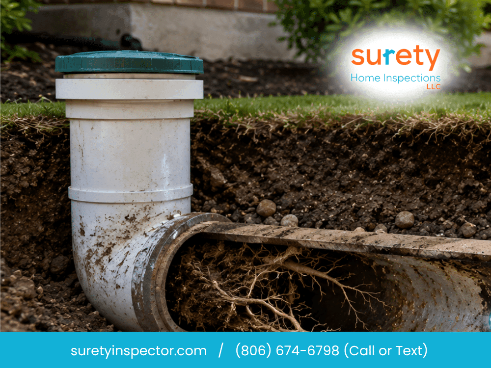 Sewer pipe with root intrusion illustrating why a sewer scope inspection is recommended for DFW home buyers before closing