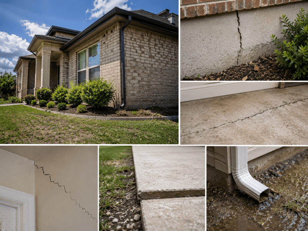 Foundation movement indicators including exterior and interior cracks, concrete separation, and drainage conditions observed during a Bedford TX home inspection