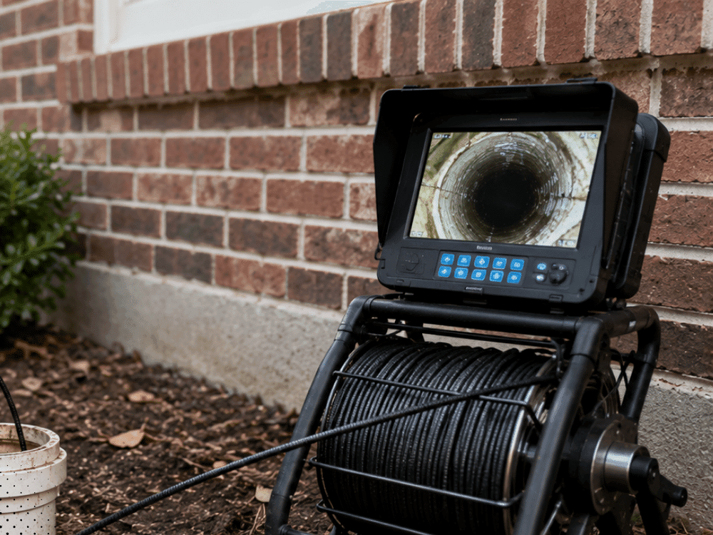 Sewer scope camera inspection equipment used to evaluate accessible underground sewer lines during a home inspection in the DFW area