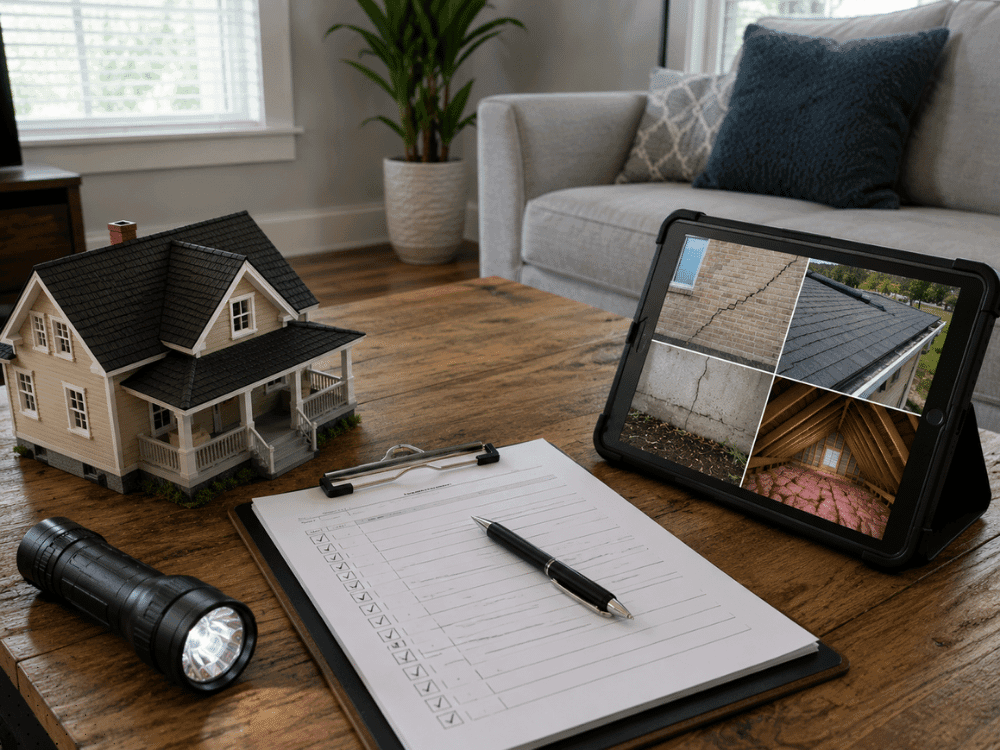 Home inspection checklist with photos of foundation, roof, attic, and structural conditions reviewed during a Bedford TX home inspection
