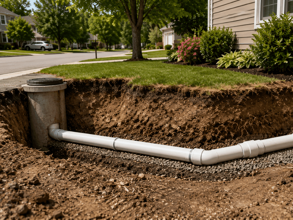 Residential sewer line installation and cleanout near a home, highlighting underground plumbing evaluated during a sewer scope inspection