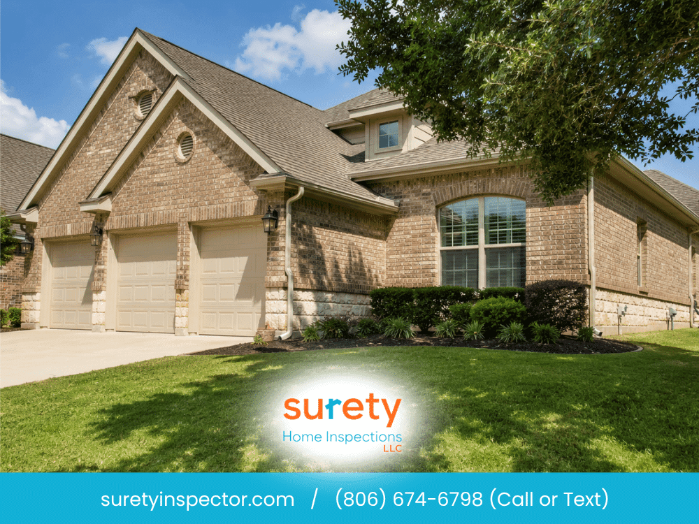 Surety Home Inspections branded image of a brick home with the company website and call-or-text phone number