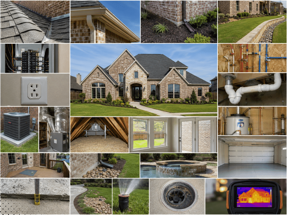 Comprehensive home inspection collage showing roofing, electrical, HVAC, attic, plumbing, drainage, pool, sprinkler, garage, foundation, and thermal imaging components