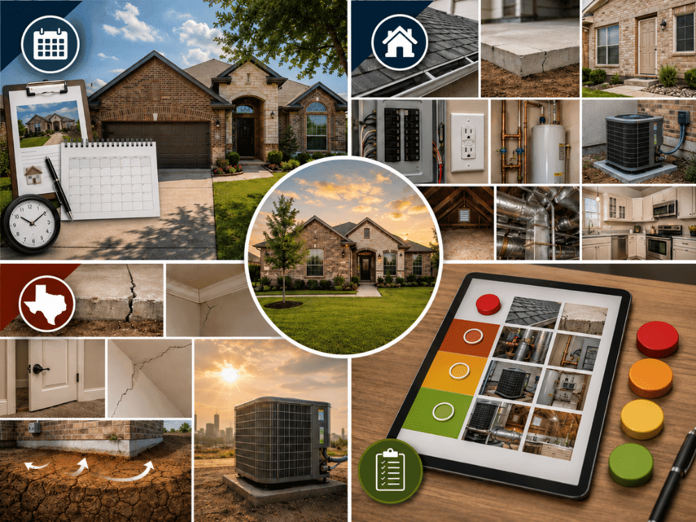 First-time home buyer inspection in Bedford TX reviewing the foundation, roof, electrical, HVAC, plumbing, attic, and interior