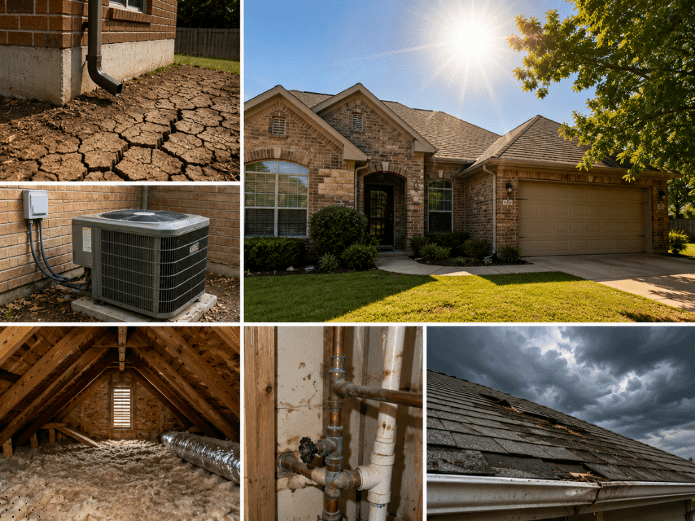 Home inspection collage showing a North Texas brick home, dry soil near the foundation, HVAC equipment, attic insulation, plumbing, and roof wear.