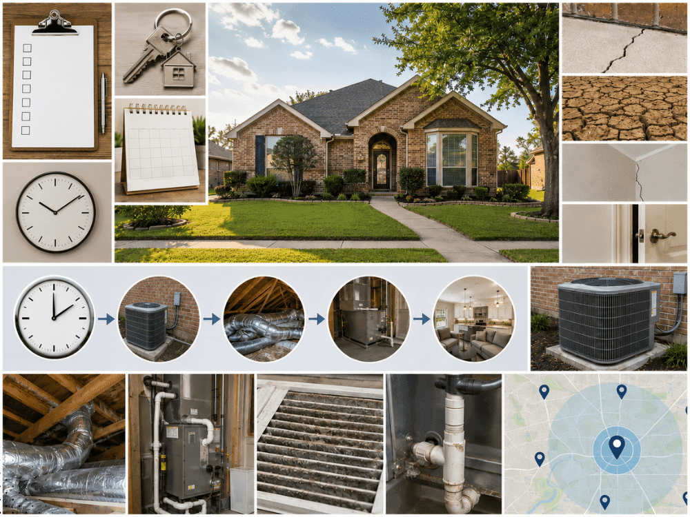 Bedford TX home inspection guide showing foundation movement, HVAC systems, attic ductwork, plumbing, and other inspection areas