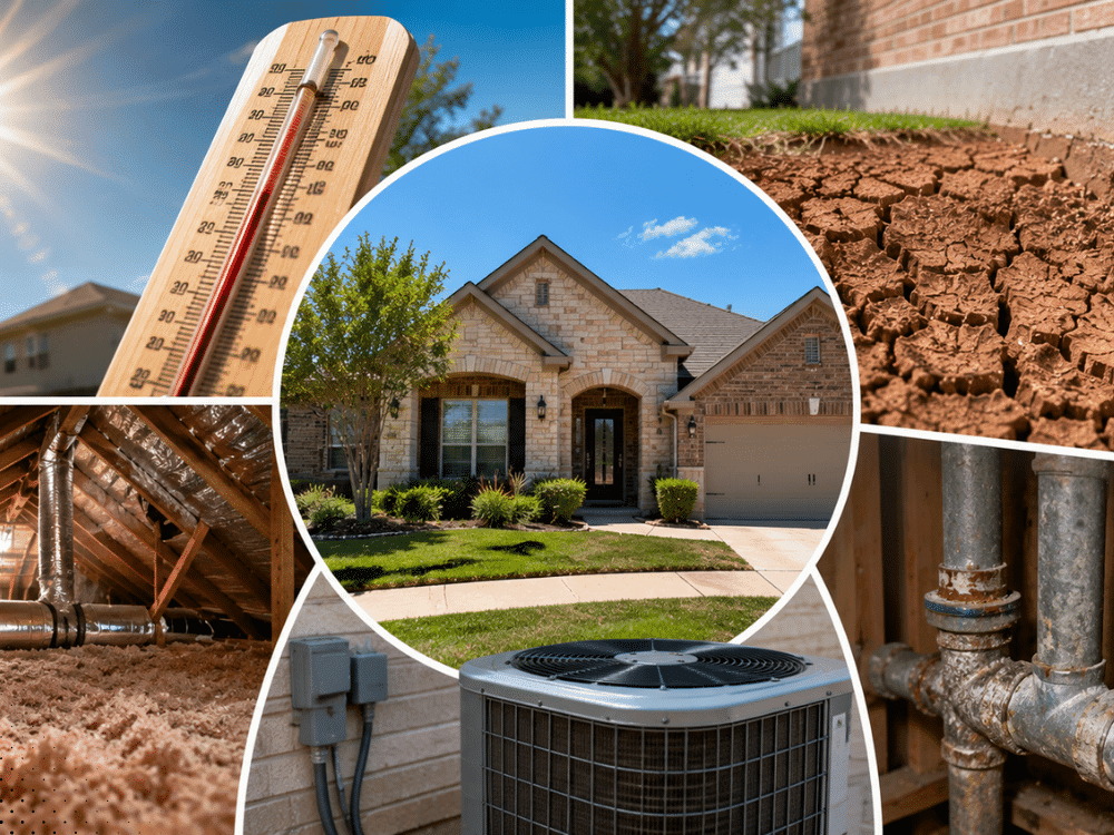 Bedford TX home inspection highlights including summer heat, expansive clay soil, attic insulation, HVAC equipment, and aging plumbing systems