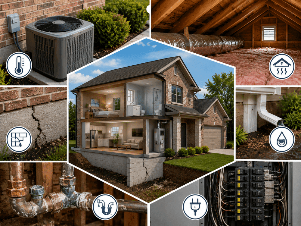 Illustration of a Bedford TX home inspection showing foundation movement, HVAC, attic insulation, plumbing, drainage, and electrical systems evaluated before closing