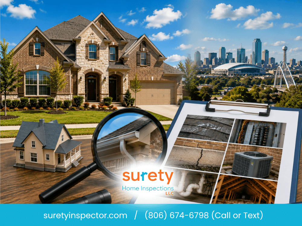 Arlington TX home inspection showing foundation movement, electrical panel, HVAC system, and roof evaluation areas