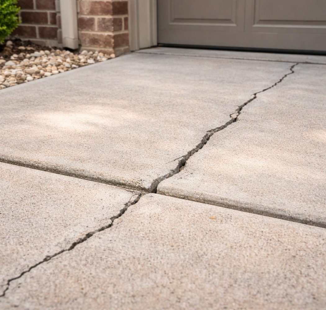 Close-up of a cracked concrete driveway with visible separation between slabs.