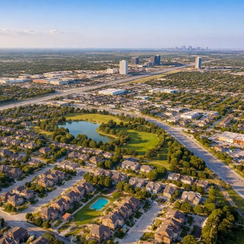 Aerial view of residential neighborhoods and parks in Euless TX within the Dallas Fort Worth metroplex